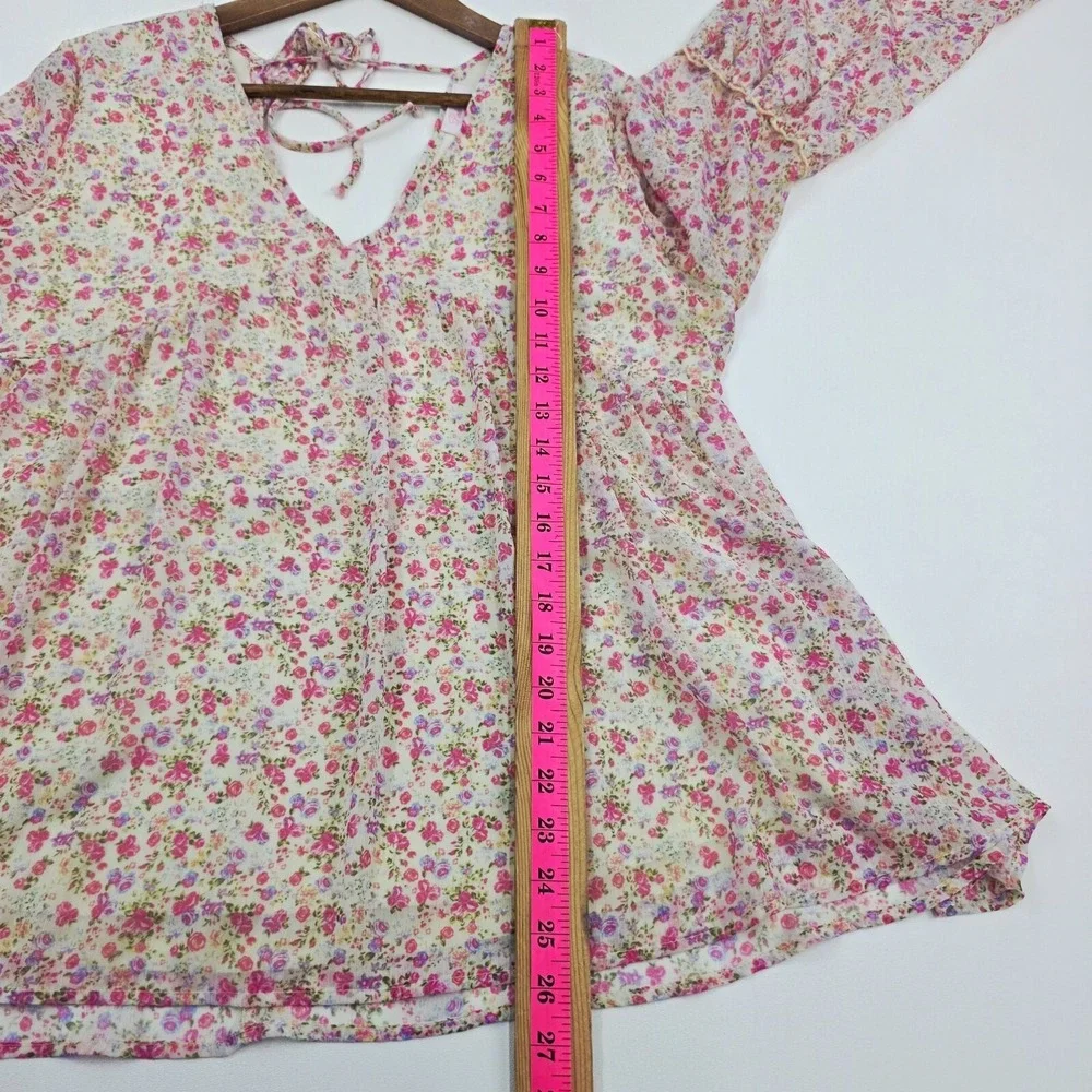 Pink Lily Floral Chiffon Babydoll Long‎ Bell Sleeve V Neck Top Womens L Boho